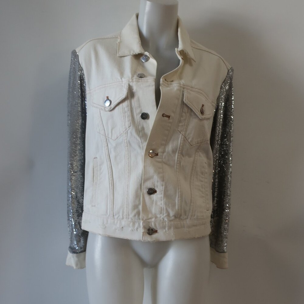 Women Iro Nanopo Rare White Silver Sequined Denim Button-Up Jacket 36 US/S - Picture 4 of 12